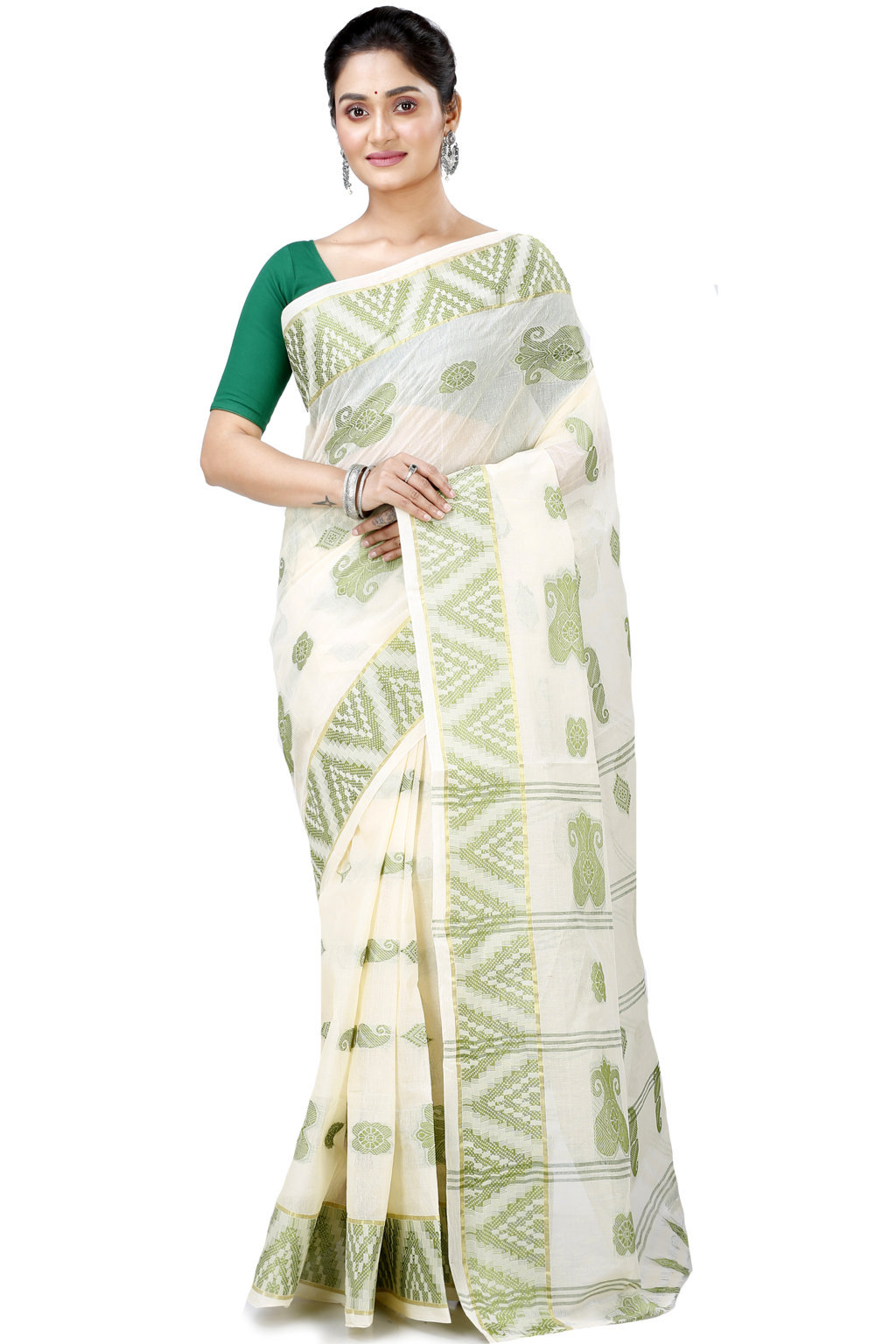 White Green Pure Cotton Gargi Tant Saree (911)